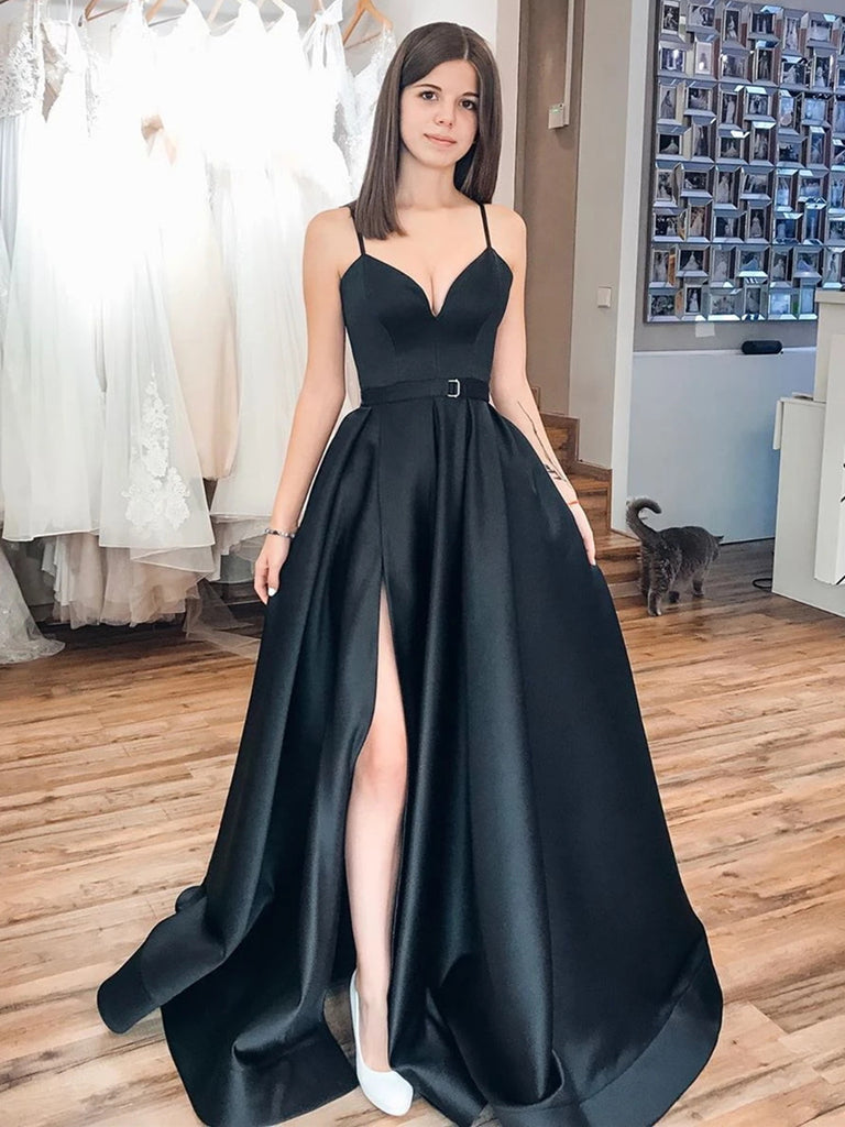 V Neck Black Satin Prom Dresses, Black ...